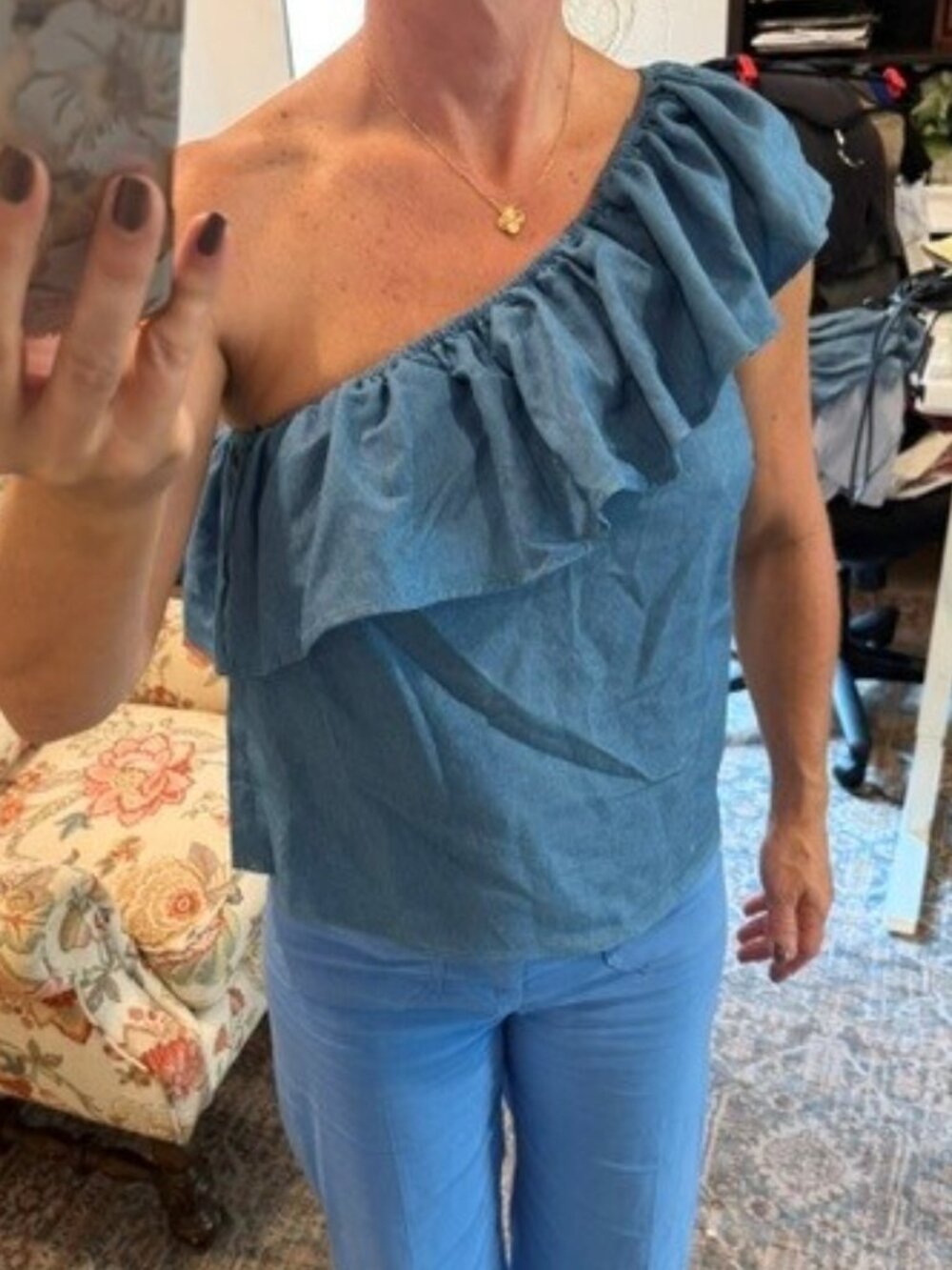 One shoulder chambray ruffle top - Size S